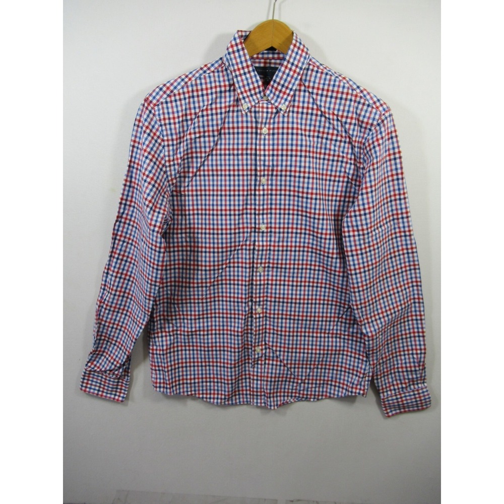 Tommy Hilfiger Button Down Dress Shirt Men M 15.5 34-35 Red White Blue Check